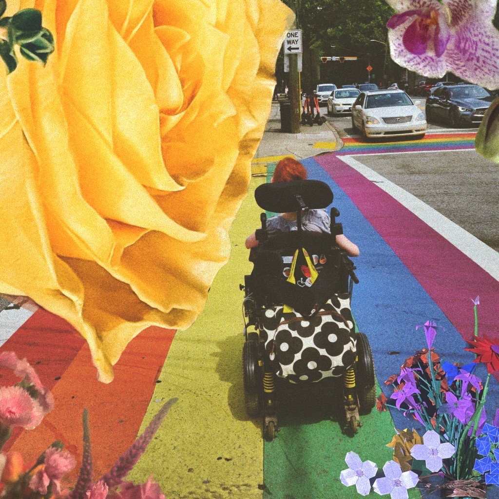 Collage of Maria on a rainbow sidewalk surrounded by flowers
